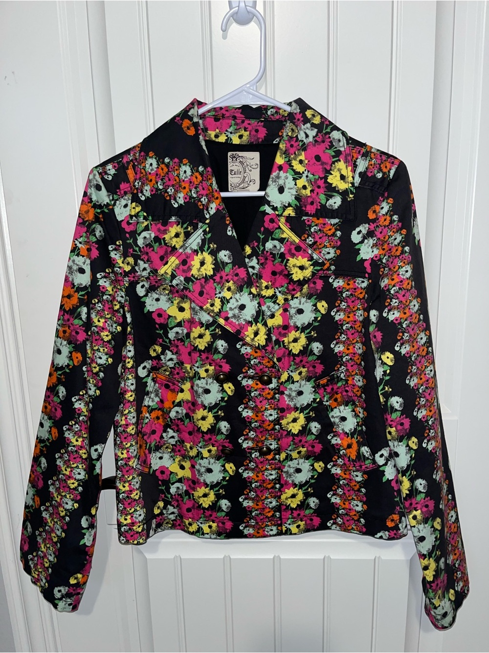 Tulle Black Floral Blazer Jacket with Pink, Yellow & Mint Blooms